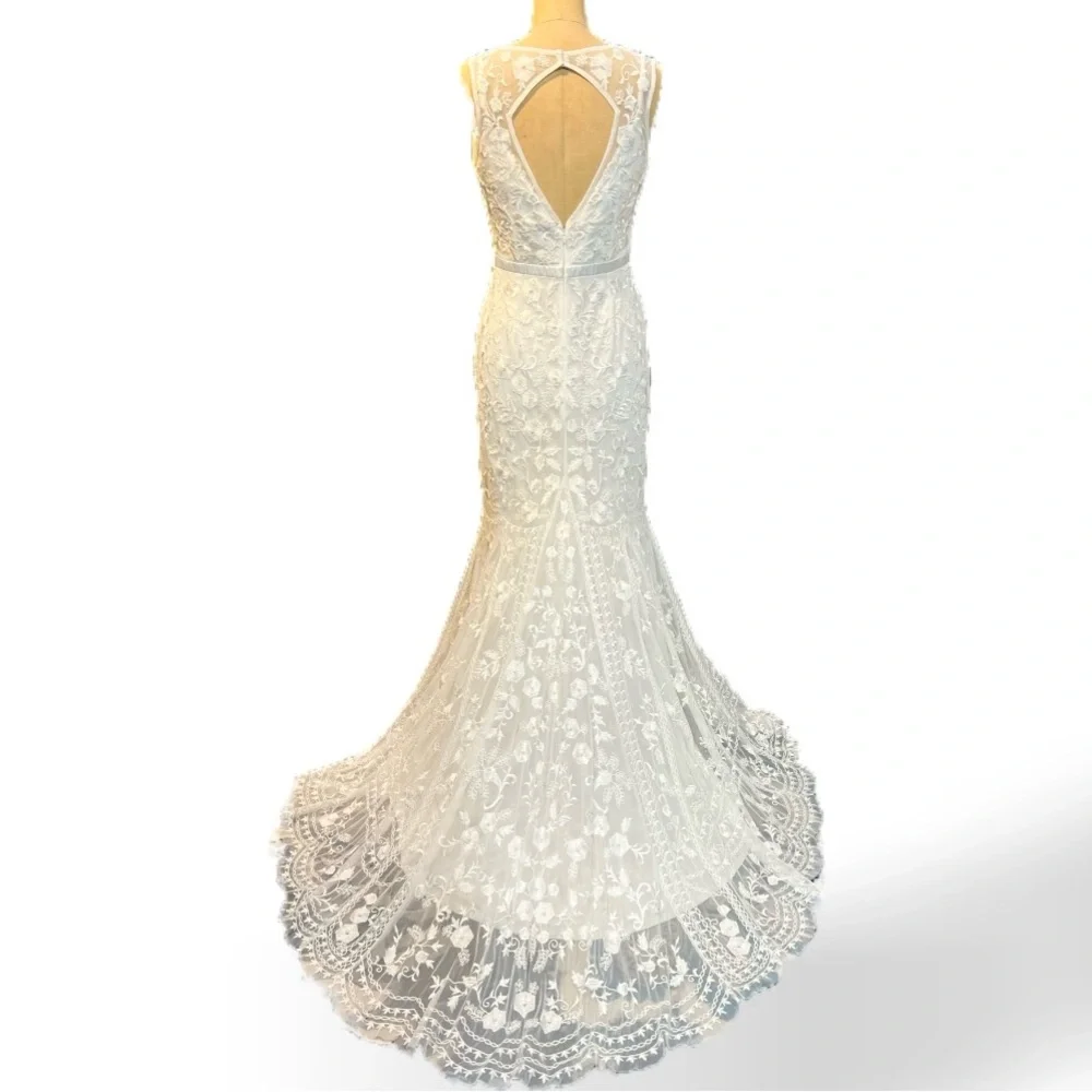 Lace open back train wedding dress bridal‎ gown sleeveless beaded embroidered - Picture 7 of 17